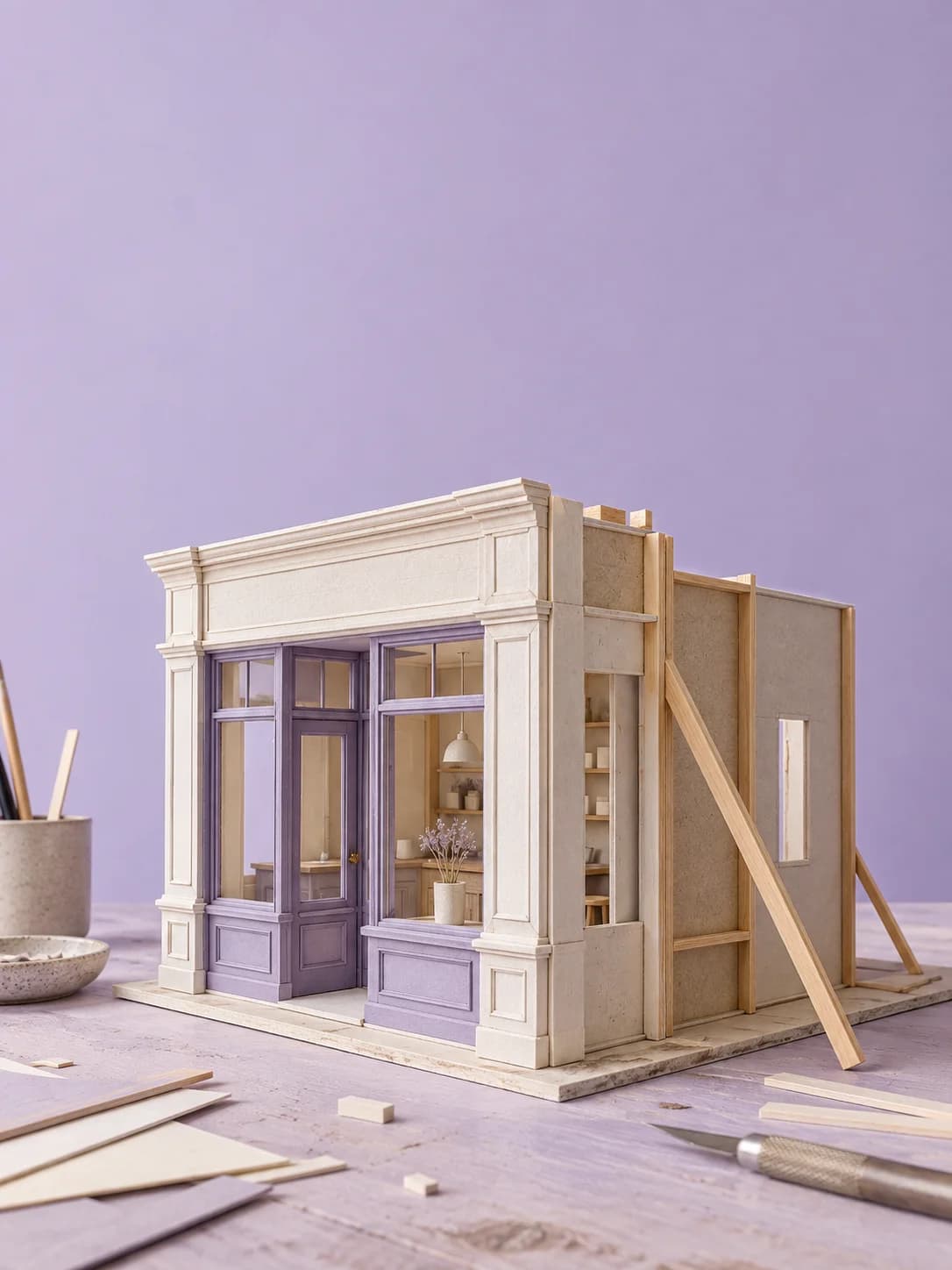 A finished facade with an unfinished structure behind it, an editorial illustration